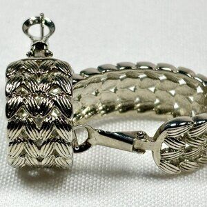 Omega Clip Silver-Tone Textured Hoop Earrings Braided Design 1 Inch